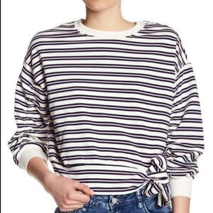 Kensie Jeans Striped Tie Waist Shirred Sleeve Sweatshirt Womens Small Pullover